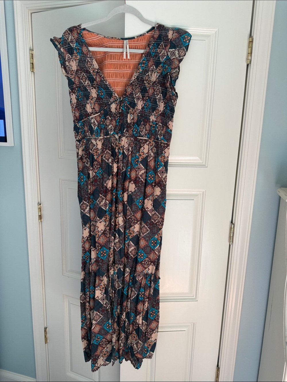 Anthropologie Teal and Brown Geometric Print Midi Dress
